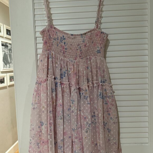 Lucy in the Sky Floral Polka Dot Tiered Mini Dress – Pink – Size M - Picture 2 of 6